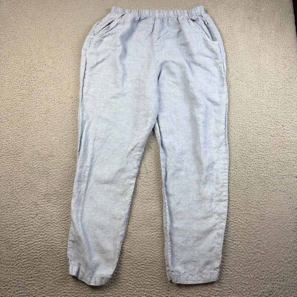 CP Shades Pants Womens Large Blue 100% Linen Pull On Elastic Waist Straight Leg
